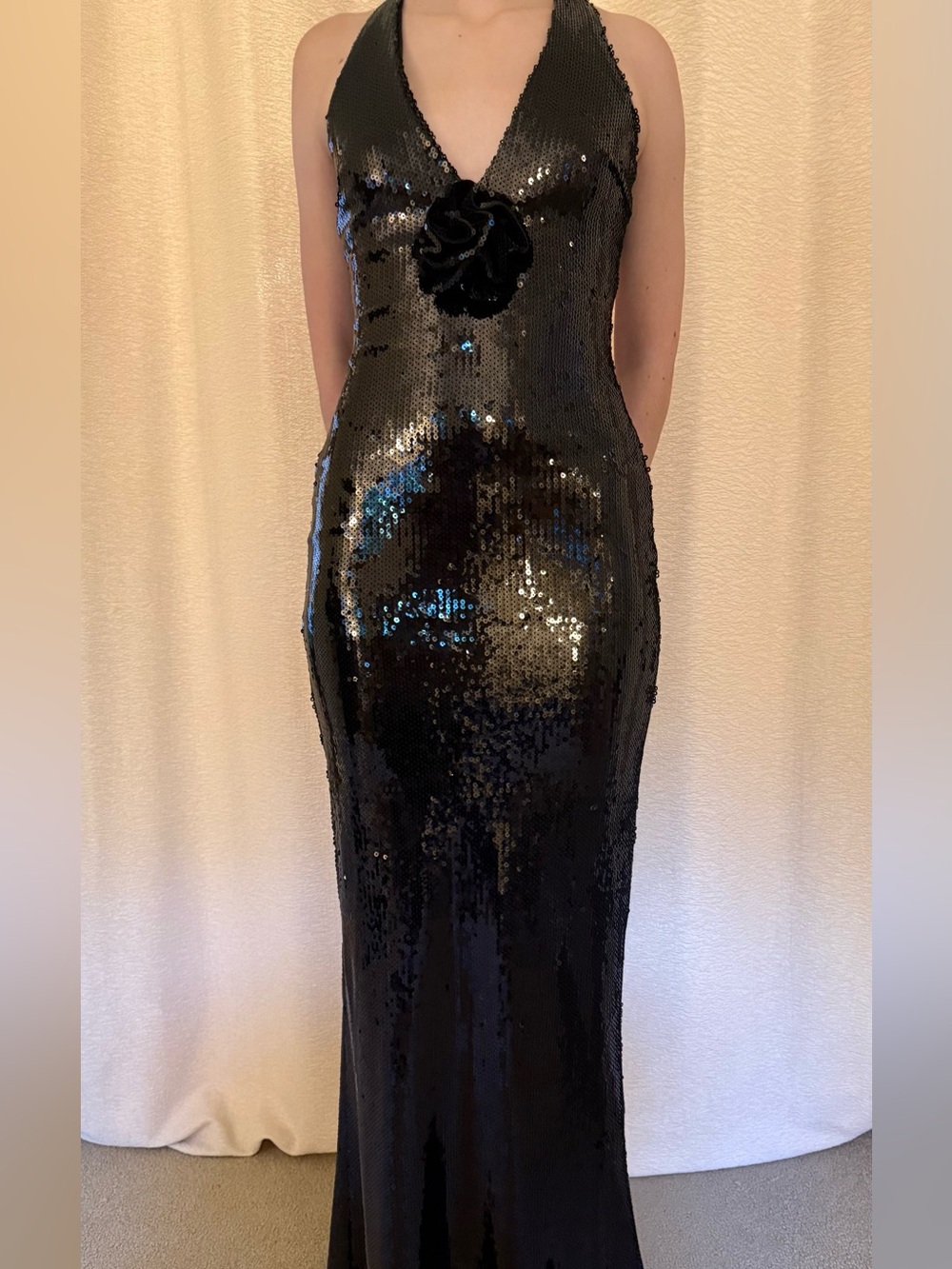Meshki Eliza Black Sequin Dress Size S Fitted Maxi Dress With Plunge V-Neck